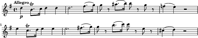 \relative c'' {
\key g \major
\time 4/4
\tempo "Allegro"
\tempo 4 = 132
d4 \p b8. \trill c16 d4 d
d2. fis8. (g16)
g8 r ais8. (b16) b8 r g r
f4 (e) r2
e4 c8. \trill d16 e4 e
e2. fis!8. (g16)
g8 r b8. (c16) c8 r e, r
cis4 (d) r2
}