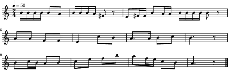 
\relative {
    \set Staff.midiInstrument = #"piano"
	\key c \major
	\time 2/4
	\tempo 4 = 50
    \new Voice \relative c' {
	b'16 b16 b16 b16 b8 a8 b16 b16 b16 a16 fis8 r8 e8 fis16 fis16 b8 a16 a16 b16 b16 b16 b16 b8 r8 \bar "|" \break
	a8 a8 f8 f8 e4 c'8 b8 a8. a16 b8 c8 b4. r8 \bar "|" \break
	b8 c16 b16 a8 b8 c8 e8 f8 b8 a8 f16 e16 c8 b8 a4. r8 \bar "|."
    }
}
