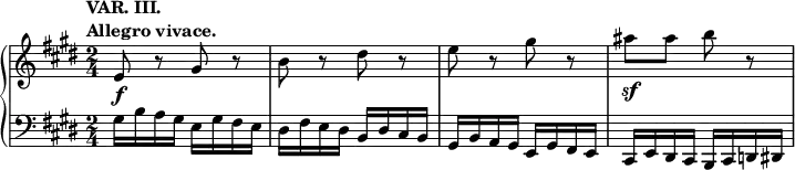 \relative c' {
\new PianoStaff <<
\new Staff { \key e \major \time 2/4
\tempo \markup {
\column {
\line { VAR. III. }
\line { Allegro vivace. }
}
}
e8\f r gis r b r dis r e r gis r ais\sf ais b r
}
\new Staff { \key e \major \time 2/4 \clef bass
gis,,16 b a gis e gis fis e dis fis e dis b dis cis b gis b a gis e gis fis e cis e dis cis b cis d dis
}
>>
}
