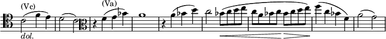 
\relative c' {
 \new Staff \with { \remove "Time_signature_engraver" } { \key c \major \time 4/4 \set Score.tempoHideNote = ##t \tempo "" 4=100
  \clef tenor c2^\markup (Vc) _\markup \italic dol. ( f4 e) d2( c) \clef alto r4 f^\markup (Va) ( g bes) a1
  r4 a( bes d) c2 bes8\<( c d e c a bes c\! bes\> c d e\! ) f4( c bes f) a2( g)
 }
}
