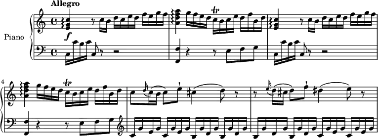 
\version "2.18.2"
\header {
  tagline = ##f
}
upper= \relative c' {
  \clef treble 
  \key c \major
  \time 4/4 
  \tempo "Allegro"
  \tempo 4 = 120
  \set Staff.midiInstrument = #"piano"
  <e g c>4\arpeggio\f r8  c'16 [b] d [c e d] f [e g f]
  <a, d f a>4\arpeggio  g'16 [f e d] c\trill [b c e] d [f b, d]
  <e, g c>4\arpeggio r8  c'16 [b] d [c e d] f [e g f]
  <a, d f a>4\arpeggio  g'16 [f e d] c\trill [b c e] d [f b, d]
  c8 \grace d16 (c16) (b c8) e-! cis4 (d8) r8
  r8  \grace e16 (d16) (cis d8) f-! dis4 (e8) r8
}
lower=\relative c {
  \clef bass
  \key c \major
  \time 4/4
  \tempo 4 = 120
  \set Staff.midiInstrument = #"piano"
   c16 c' b c c,8 r8 r2
   <f, f'>4 r4 r8 e' f g
   c,16 c' b c c,8 r8 r2
   <f, f'>4 r4 r8 e' f g
   \clef treble c16 [g' e g] c, [g' e g] b, [g' d g] b, [g' d g]
   b, [g' d g] b, [g' d g] c, [g' e g] c, [g' e g]
} 
\score {
       \new PianoStaff \with { instrumentName = #"Piano" }
       <<
         \new Staff = "upper" \upper
         \new Staff = "lower" \lower
       >>
\layout { }
\midi { } }

