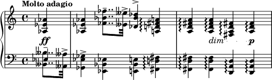 \relative c'' {
\new PianoStaff <<
\new Staff {
\key a \minor \set Score.tempoHideNote = ##t \time 4/4 \tempo "Molto adagio" 4=32 \partial 4
<aes es aes,>4 <aes es aes,> <fes' bes, fes>8..^- <eses eses,>32^> <des bes des,>4^> <a fis d a>\arpeggio
q\arpeggio q\arpeggio <fis! d a fis>\arpeggio <fis d a>\arpeggio
}
\new Dynamics {
s4\ff s1 s4
\set decrescendoText = \markup { \italic { dim } }
\set decrescendoSpanner = #'text
\override DynamicTextSpanner.style = #'dotted-line
s\> s s\p
}
\new Staff {
\key a \minor \time 4/4 \clef bass
<<
{ es,4^- }
\\
{
<beses' beses,>8.. <aeses aeses,>32^> <ges es ges,>4^> <es! bes es,> <e bes e,> <fis d! fis,>\arpeggio
<fis d fis,>\arpeggio q\arpeggio \stemUp <d a d,>\arpeggio q\arpeggio
}
>>
}
>>
}