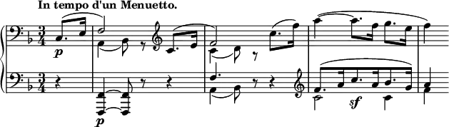 
 \relative c' {
  \new PianoStaff <<
   \new Staff { \key f \major \time 3/4 \tempo "In tempo d'un Menuetto." \partial 4 \clef bass
    <<
     { c,8.\p( e16 f2) \clef treble c'8.( e16 f2) \stemDown c'8.( f16) a4~( a8. f16 g8. e16 f4) }
    \\
     { s4 a,,,4( bes8) r s4 c'4( d8) r s4 s2. s4 }
    >>
   }
   \new Staff { \key f \major \time 3/4 \partial 4 \clef bass
    <<
     { d,4\rest <f,~ f,~>4\p <f f,>8 d'\rest d4\rest f4. d8\rest d4\rest \clef treble f'8.[( a16 c8.\sf a16 bes8. g16)] a4 }
    \\
     { s4 s2 s4 a,,4( bes8) s4. c'2 c4 f }
    >>
   }
  >>
 }
