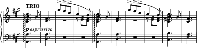 \relative c' {
\new PianoStaff <<
\set PianoStaff.connectArpeggios = ##t
\new Staff \with { \remove "Time_signature_engraver" } { \key a \major \time 3/8 \tempo "TRIO"
<<
{
a'4 gis8 <fis d>4. gis'8-> ( fis-> d-> cis4 b8)
a4 gis8 <fis d>4. gis'8-> ( fis-> d-> cis4 b8) a4 gis8 <fis cis>4.
}
\\
{
<cis' e, cis>4.\arpeggio s R4. r8 <gis e> <fis d> <cis' e, cis>4.\arpeggio s
R4. r8 <gis e> <fis d> <cis' eis, cis>4. s
}
>>
}
\new Dynamics {
\override TextScript #'whiteout = ##t
s4_\markup { \dynamic p \italic espressivo }
}
\new Staff \with { \remove "Time_signature_engraver" } { \key a \major \time 3/8 \clef bass
<a, a,>4.\arpeggio <a d,> R R <a a,>\arpeggio <a d,> R R <b cis,> <a fis>
}
>>
}