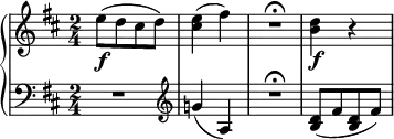 
 { \new PianoStaff <<
    \new Staff = "RH" \relative c'' { \key d \major  \time 2/4
      e8\f([ d cis d]) | <e cis >4( fis) | R2\fermata | <d b>4\f r4 |}
    \new Staff = "LH" \relative c' { \clef bass \key d \major  \time 2/4 
      R2 | \clef treble g'!4( a,) | R2\fermata | <d b>8([ fis <d b> fis)]|}
   >> }
