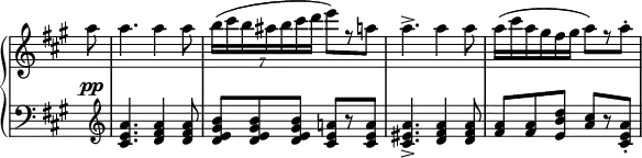 
 \relative c''' {
  \new PianoStaff <<
   \new Staff \with { \remove "Time_signature_engraver" } { \key a \major \time 6/8
    \set Score.tempoHideNote = ##t \tempo "" 4=145 \partial 8
    a8 a4. a4 a8 \times 6/7 { b16( cis b ais b cis d } e8) [ r a,]
    a4.-> a4 a8 a16( cis a gis fis gis a8) [ r a-.]
   }
   \new Dynamics { s8\pp }
   \new Staff \with { \remove "Time_signature_engraver" } { \key a \major \time 6/8 \clef bass
    s8 \clef treble <a, e cis>4. <a fis d>4 q8 <b gis e d>8 q q <a! e cis>[ r q]
    <a eis cis>4.-> <a fis d>4 q8 <a fis> q <d b e,> <cis a>[ r <a e cis>-.]
   }
  >>
 }
