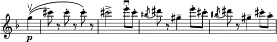 
\relative c''' \new Staff \with { \remove "Time_signature_engraver" } {
 \key f \major \time 3/4 \set Score.tempoHideNote = ##t \tempo "" 4=132 \partial 4
 g\p \upbow ^\( ( cis8) r cis-. r cis-.\) r cis2-> e8-. \downbow cis-.
 \acciaccatura bis dis r gis,4-- e'8-. cis-. \acciaccatura bis dis r gis,4-- cis8-. a-.
}
