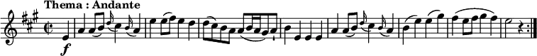 \relative c'' {
\version "2.18.2"
\key a \major
\tempo "Thema : Andante"
\time 2/2
\tempo 4=120
\partial 4 e,4 \f
a a8 (b) \grace d16 (cis4) \grace b16 (a4)
e'4 e8 (fis) e4 d
d8 ( cis) b a a (b16 a gis8) a-!
b4 e, e e
a a8 (b) \grace d16 (cis4) \grace b16 (a4)
b4 (e) e4 (gis)
fis (e8 fis gis4 fis)
e2 r4 \bar ":|."
}