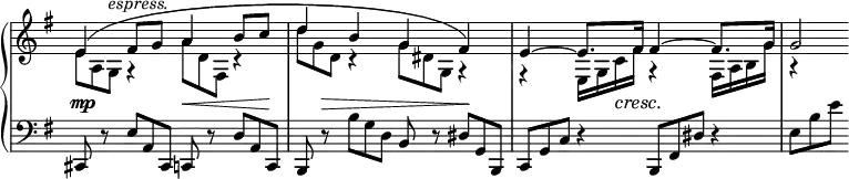 
 \relative c' {
  \new PianoStaff <<
   \new Staff \with { \remove "Time_signature_engraver" } { \key g \major \time 4/4 \set Score.tempoHideNote = ##t \tempo 4=130
    <<
     { e4( fis8 g a4 b8 c d4 b g fis) e~ e8. fis16 fis4~ fis8. g16 g2*1/2 }
    \\
     {
      e8*2/3 a, g^\markup \italic espress. r4 a'8*2/3 d, fis, r4 d''8*2/3 g, d r4 g8*2/3 dis g, r4
      r e16 g c fis r4 fis,16 a b g' r4
     }
    >>
   }
   \new Dynamics {
    s4\mp s s\< s8 s\! s s\> s4 s s\! s s8 s\cresc s\!
   }
   \new Staff \with { \remove "Time_signature_engraver" } { \key g \major \time 4/4 \clef bass
    cis,,,8 r8 e'8*2/3 a, cis, c8 r d'8*2/3 a c,
    b8 r b''8*2/3 g d b8 r dis8*2/3 g, b,
    c g' c r4 b,8*2/3 fis' dis' r4 e8*2/3 b' e
   }
  >>
 }
