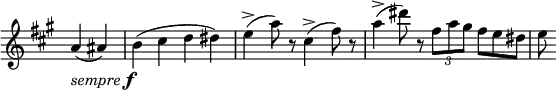 \relative c'' \new Staff \with { \remove "Time_signature_engraver" } {
\set Score.tempoHideNote = ##t \tempo "" 4=135 \key a \major \time 4/4 \partial 2
a4_\markup { \italic sempre \dynamic f } ( ais) b( cis d dis)
e->( a8) r cis,4->( fis8) r a4->( dis8) r \times 2/3 { fis,8 a gis } fis8*2/3 e dis e8
}