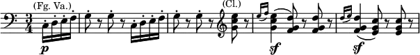  \relative c { \clef bass \key c \major \time 3/4 \partial 4*1 c16-.\p^\markup{\smaller \center-align {(Fg. Va.)}} d-. e-. f-. | g8-. r g-. r c,16-. d-. e-. f-. | g8-. r g-. r \clef treble <e'' c g>^\markup{\smaller \center-align (Cl.)} r | \grace { e16[( f]) } <e c g>4(\sf <d g, f>8) r <d g, f> r | \grace { d16([ e)] } <d g, f>4(\sf <c g e>8) r <c g e> r } 