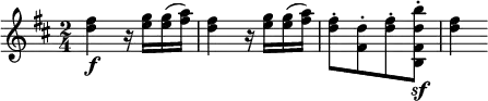 \relative c'' {
\time 2/4
\once \omit Score.MetronomeMark
\tempo 4 = 92
\key d \major
<d fis>4\f r16 <e g> <e g>( <fis a>) | <d fis>4 r16 <e g> <e g>( <fis a>) |
<d fis>8-.[ <d fis,>-. <d fis>-. <b' d, fis,b,>-.]\sf | <d, fis>4
}