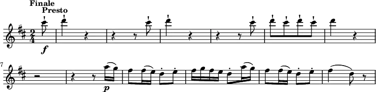 
\version "2.18.2"
\relative c'' {\set Staff.midiInstrument = #"violin"
  \key d \major
  \time 2/4
  \tempo "Finale"
  \tempo 4 = 170
  \partial 8 cis'8-!^\markup\bold{Presto}\f
  d4-! r
  r r8 cis8-!
  d4-! r
  r r8 cis8-! 
  d-! [cis-! d-! cis-!]
  d4 r\break
  r2
  r4 r8 a16\p (g)
  fis8 fis16 (e) d8-. e-. 
  fis16 g fis e d8-. a'16 (g)
  fis8 fis16 (e) d8-. e-. 
  fis4 (d8) r
}
