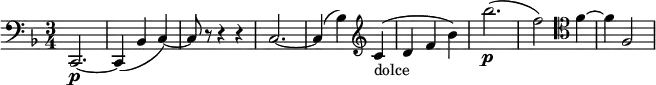 \relative c, { \clef bass \key d \minor \time 3/4 c2.-\p~ c4( bes' c~) c8 r8 r4 r | c2.~ c4( bes') \clef treble c-"dolce"( d f bes) bes'2.\p( f2) \clef tenor f,4~ f f,2 }