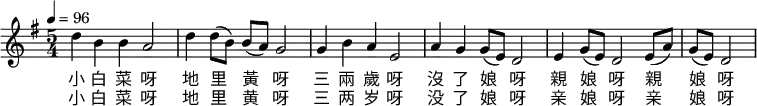 \relative c' {
\key g \major
\clef treble
\tempo 4 = 96
\time 5/4
d'4 b4 b4 a2|
d4 d8( b) b8( a) g2|
g4 b4 a4 e2|
a4 g4 g8( e) d2|
e4 g8( e) d2|
e8( a) g8( e) d2\bar ".|"
}
\addlyrics {
小 白 菜 呀
地 里 黃 呀
三 兩 歲 呀
沒 了 娘 呀
親 娘 呀 親 娘 呀
}
\addlyrics {
小 白 菜 呀
地 里 黄 呀
三 两 岁 呀
没 了 娘 呀
亲 娘 呀 亲 娘 呀
}
