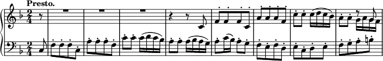 
 \relative c' {
  \new PianoStaff <<
   \new Staff { \key f \major \time 2/4 \tempo "Presto." \partial 8
    \override Score.NonMusicalPaperColumn #'line-break-permission = ##f
     <<
      {
       \override MultiMeasureRest #'staff-position = #2
       b'8\rest R2 R R b4\rest b8\rest
       c, f-.[ f-.f-. c-.] a'-.[ a-. a-. f-.] \stemDown c'-. c-. c16( d c bes) a8-. a-. g16 a g f
      }
     \\
      { s8 s2 s s s s s s s4 d'8\rest \stemUp g, }
     >>
   }
   \new Staff { \key f \major \time 2/4 \clef bass \partial 8
    c,,8 f-.[ f-. f-. c-.] a'-.[ a-. a-. f-.] c'-. c-. c16( d c bes) a8-. a-. a16( bes a g)
    a8-. c16( bes) a8-. g-. f-.[ e-. f-. d-.] e-.[ c-. d-. e-.] f-.[ g-. a-. b-.]
   }
  >>
 }
