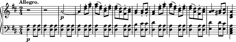 
 \relative b' {
  \new PianoStaff <<
   \new Staff { \key b \minor \time 2/4
    \tempo \markup { 
     \column {
      \line { Allegro. }
 }
   }
    r2 r a2~\p a4 <d fis>8-. <fis a>8-. <fis a>8( <d fis>) <b d>8-. <d fis>8-. <d fis>8[( <a d>) <fis d'>8-. <a cis>8-.] <g b>4 <g b>8-. <g cis>8-. <fis a>4 <d' fis>8-. <fis a>8-. <fis a>8( <d fis>) <b d>8-. <d fis>8-. <d fis>8[( <a d>) <fis d'>8-. <a cis>8-.] <a b>4 <gis b>8 <gis cis>8 <cis, e a>4
   }
   \new Dynamics {
    
    }
   \new Staff { \key b \minor \time 2/4 \clef bass
    <d, a'>4\p <d a'>8 <d a'> <d a'>4 <d a'>8 <d a'> <d a'>4 <d a'>8 <d a'> <d a'>4 <d a'>8 <d a'> <d a'>4 <d a'>8 <d a'> <d a'>4 <d a'>8 <d a'> <d b'>4 <d cis'>8 <d cis'> <d d'>4 <d a'>8 <d a'> <d a'>4 <d a'>8 <d a'> <d a'>4 <d a'>8 <d a'> <e d'>4 <e d'>8 <e cis'> <a, cis e a>4
   }
  >>
 }

