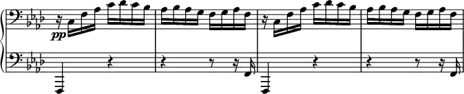 
 \relative c'{
  \new PianoStaff <<
   \new Staff \with { \remove "Time_signature_engraver" } { \key f \minor \time 2/4 \clef bass
    r16\pp c, f aes c des c bes aes bes aes g f g aes f r c f aes c des c bes aes bes aes g f g aes f
   }
   \new Staff \with { \remove "Time_signature_engraver" } { \key f \minor \time 2/4 \clef bass
    f,,4 r r r8 r16 f' f,4 r r r8 r16 f'
   }
  >>
 }
