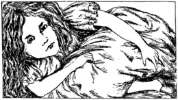 アリスが巨大化して部屋に閉じ込められるシーンの、キャロル自身の手になる挿絵。子宮に閉じ込められた胎児を思わせる（ウィリアム・エンプソン）。