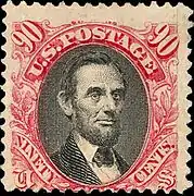 アメリカ合衆国の90セント切手、エイブラハム・リンカーン大統領の肖像はブレイディの写真を元に制作