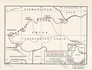 アフガニスタン＝中国国境の地図（1969年）。左下の"5630 (18471)"と標高が書かれている箇所がアフガニスタン・中国・パキスタンの三国国境である。この地図には「境界線や地名は、必ずしも信用できるものではない。」と注記がある。