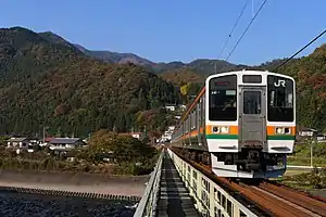 第一吾妻川橋梁を渡る211系電車（2020年11月）