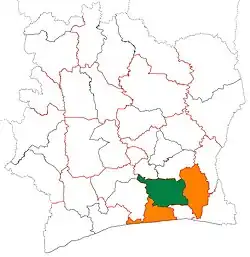 アニェビ＝ティアサ州(緑)とラギューヌ地方(緑+橙)