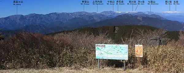 西側の展望、赤石山脈（南アルプス）左から真富士山、青笹山、上河内岳、十枚山、赤石岳、荒川岳、笊ヶ岳、七面山、間ノ岳、北岳