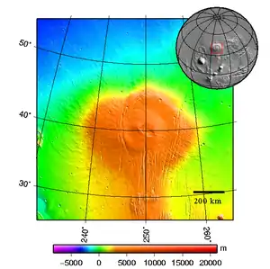 Topography map of shield vulcano Alba Patera on Mars