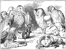 ネズミの話を聴くアリスと鳥獣たち。ドードー鳥もいる。