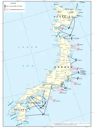 Color map of the Japanese home islands marked with the locations and dates of the air raids and bombardments described in this article.