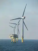 電源の一種、洋上風力発電所の風力タービン群。再生可能エネルギーであり、国連や各国が推進しているSDGs(持続可能性)の実現に適っており、近年評価が高くなっている電源。