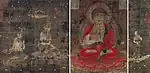 Two seated deities and a canopy. Petals are raining from the sky. Frontal view of a cross-legged deity. Figure carrying a flag on a pole. Petals are raining from the sky.