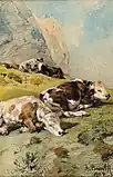 子牛のいる牧草地の風景