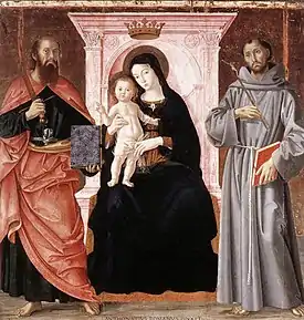 アントニアッツォ・ロマーノ『聖パウロと聖フランチェスコのいる玉座の聖母子』（1487年）