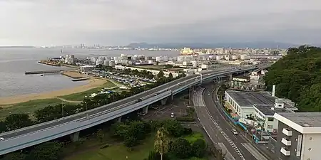 荒津の遠景(写真の左下:福浜、右下:西公園)