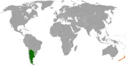 ArgentinaとNew Zealandの位置を示した地図