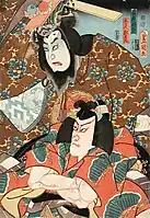 「車曳」 四代目市川小團次の藤原時平、八代目市川團十郎の舎人松王丸。嘉永3年7月、江戸中村座。三代目豊国画。
