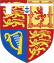 Quarterly, 1st and 4th Gules three lions passant guardant in pale Or armed and langued Azure (for England), 2nd quarter Or a lion rampant within a double tressure flory-counter-flory Gules (for Scotland), 3rd quarter Azure a harp Or stringed Argent (for Ireland), with over all a label of three points Argent the central point charged with an Anchor Azure.