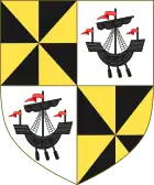 Quarterly, 1st & 4th: Gyronny of eight or and sable (Campbell); 2nd & 3rd: Argent, a lymphad or ancient galley sails furled flags and pennants flying gules and oars in action sable (Lorne).