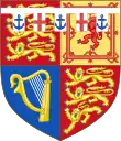 Quarterly, 1st and 4th Gules three lions passant guardant in pale Or armed and langued Azure (for England), 2nd quarter Or a lion rampant within a double tressure flory-counter-flory Gules (for Scotland), 3rd quarter Azure a harp Or stringed Argent (for Ireland), with over all a label of five points Argent, the first, third and fifth points charged with a anchor Azure, and the second and fourth points with a cross Gules.