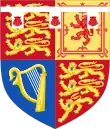 Quarterly, 1st and 4th Gules three lions passant guardant in pale Or armed and langued Azure (for England), 2nd quarter Or a lion rampant within a double tressure flory-counter-flory Gules (for Scotland), 3rd quarter Azure a harp Or stringed Argent (for Ireland), with over all a label of five points Argent the first, third and fifth points charged with an Escallop Gules.