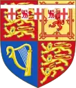 Quarterly, 1st and 4th Gules three lions passant guardant in pale Or armed and langued Azure (for England), 2nd quarter Or a lion rampant within a double tressure flory-counter-flory Gules (for Scotland), 3rd quarter Azure a harp Or stringed Argent (for Ireland), with over all a label of five points Argent, the centre and two outer points charged with a cross Gules, and the inner points with a lion passant guardant also of Gules.