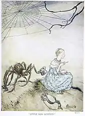 アーサー・ラッカムの水彩画で、1913年刊行の自著のための挿絵。内容はおおよそオリジナルどおりで、しかし紳士風のクモさんはアレンジ。