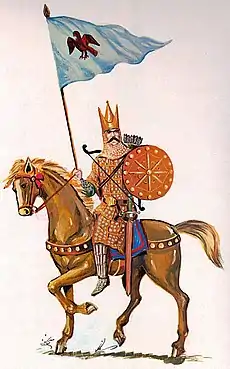 An illustration of an Iranian cavalryman on a horse holding a shield and a flag pole