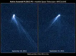 ハッブル宇宙望遠鏡が撮影したパンスターズ彗星。左側の2013年9月10日と右側の23日の画像を比較すると、ダストの尾の向きが大きく変化しているのがわかる。