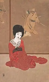 「暖か」1915年(左)と「鏡の前」1915年第2回院展入選作(右)。両作は本来は一つの作品で色彩も対をなしていた。