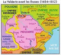 1812年以前。ドニエストル川の東側がロシア帝国、西側にオスマン帝国の属国モルダヴィア公国が存在し、南部はオスマン領ベッサラビア(ブジャク地域に相当)だった。