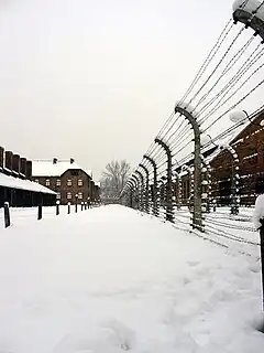アウシュヴィッツ＝ビルケナウ強制収容所に設置された有刺鉄線の電気柵。