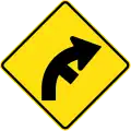 (W2-10) 右カーブ、非主要道路との丁字路あり（右）